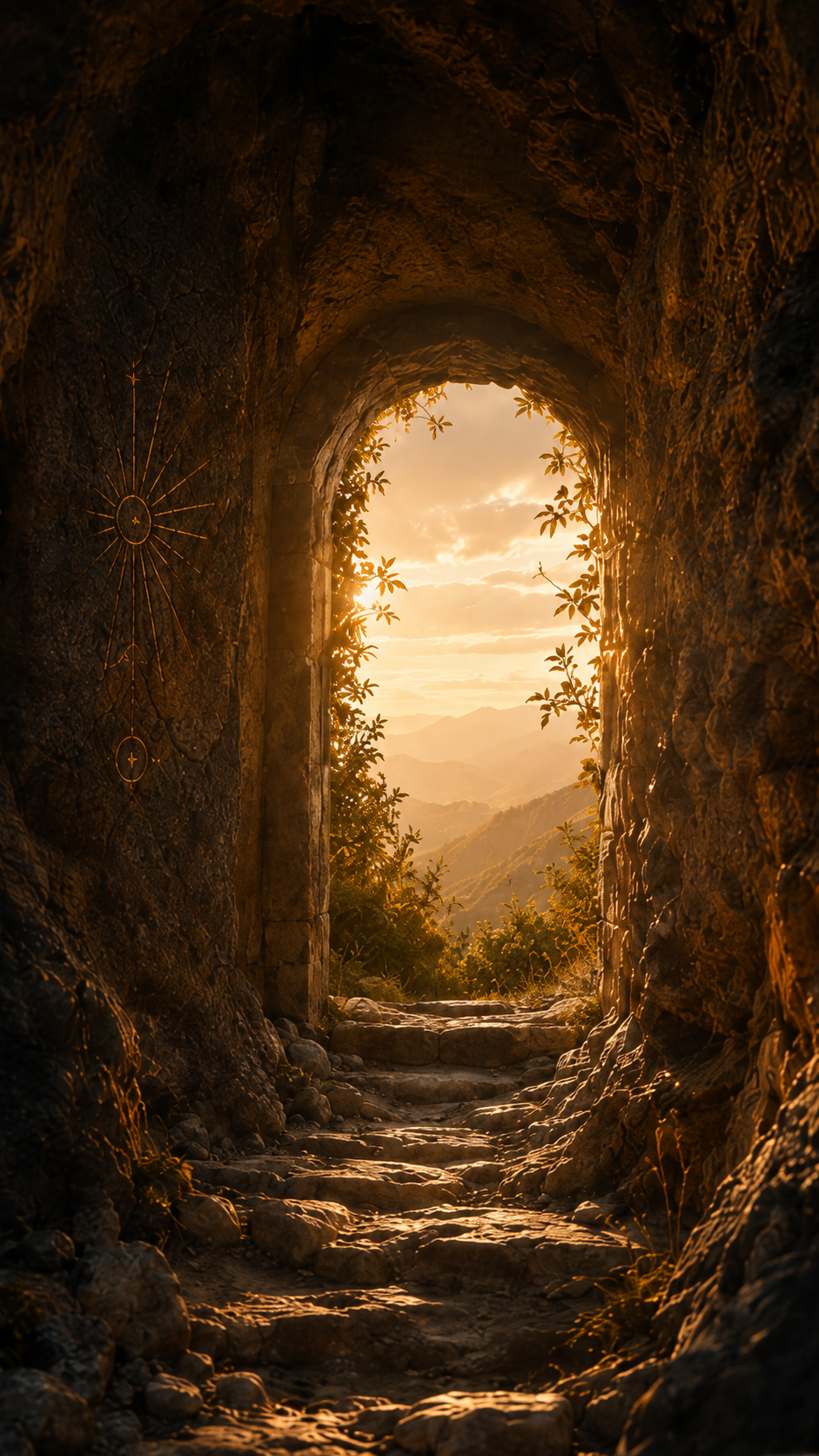 A view of a mountain landscape through an ancient stone archway at sunset.