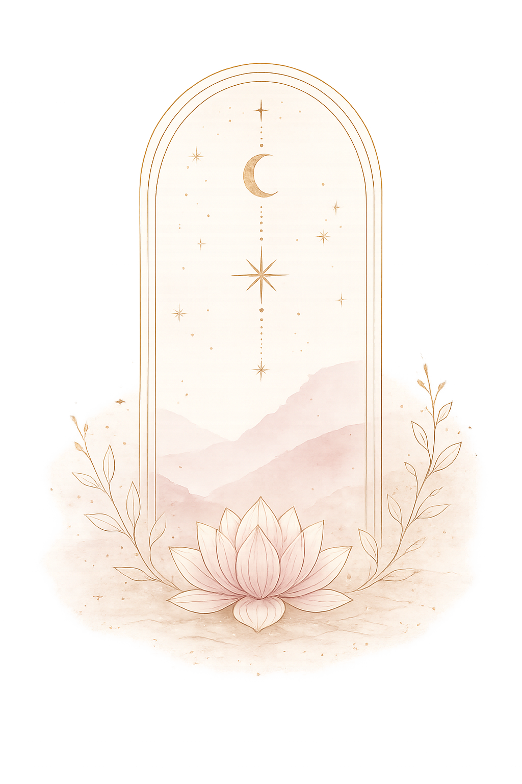 Soft pastel illustration featuring a pink lotus flower, mountain range, and celestial symbols including a crescent moon and stars, with delicate line accents.