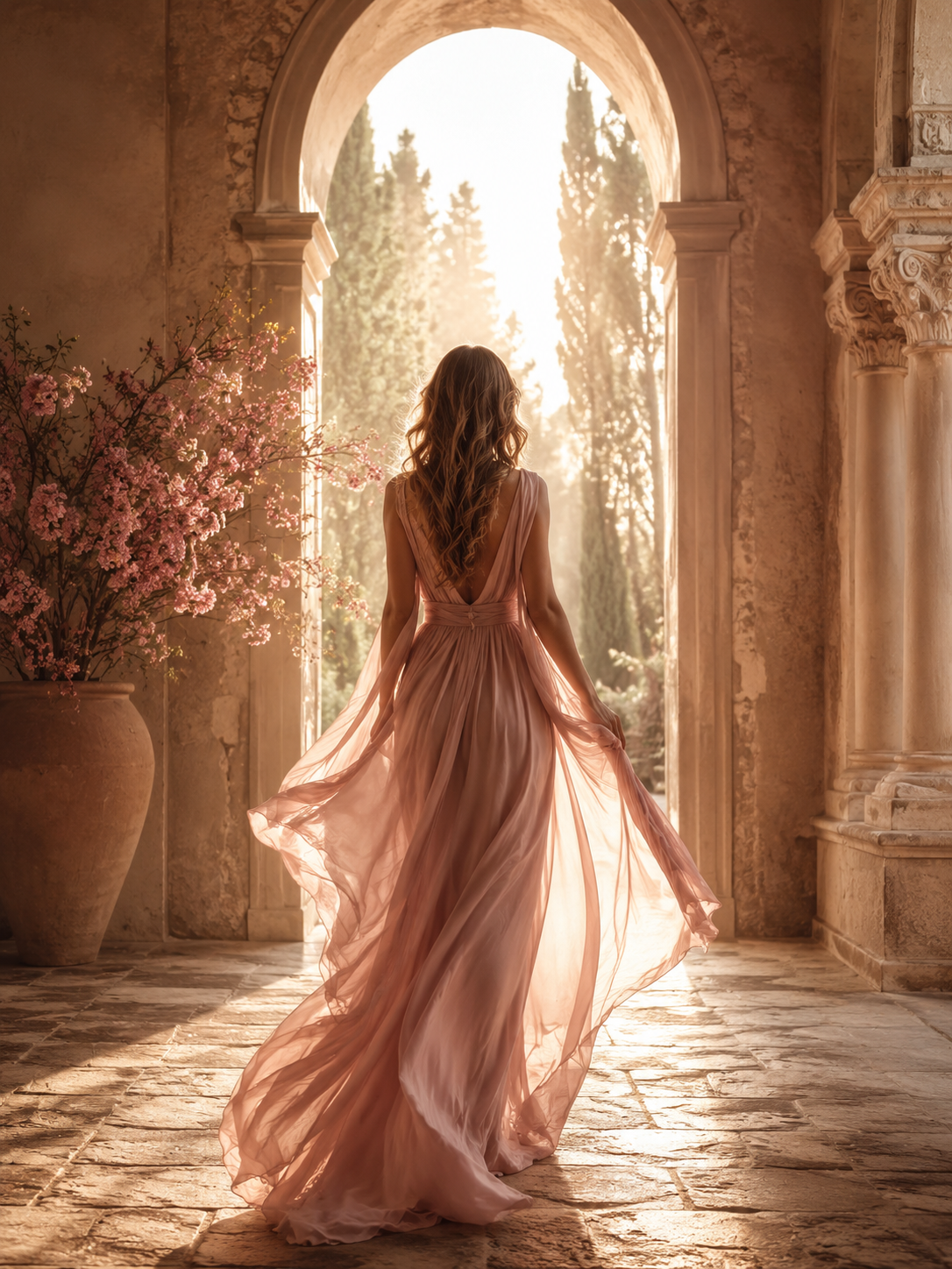 A woman with long, wavy hair wearing a flowing, pink evening gown walking through an arched stone gateway with sunlight streaming through. There are tall trees in the background and a large pink flowering plant to the side.