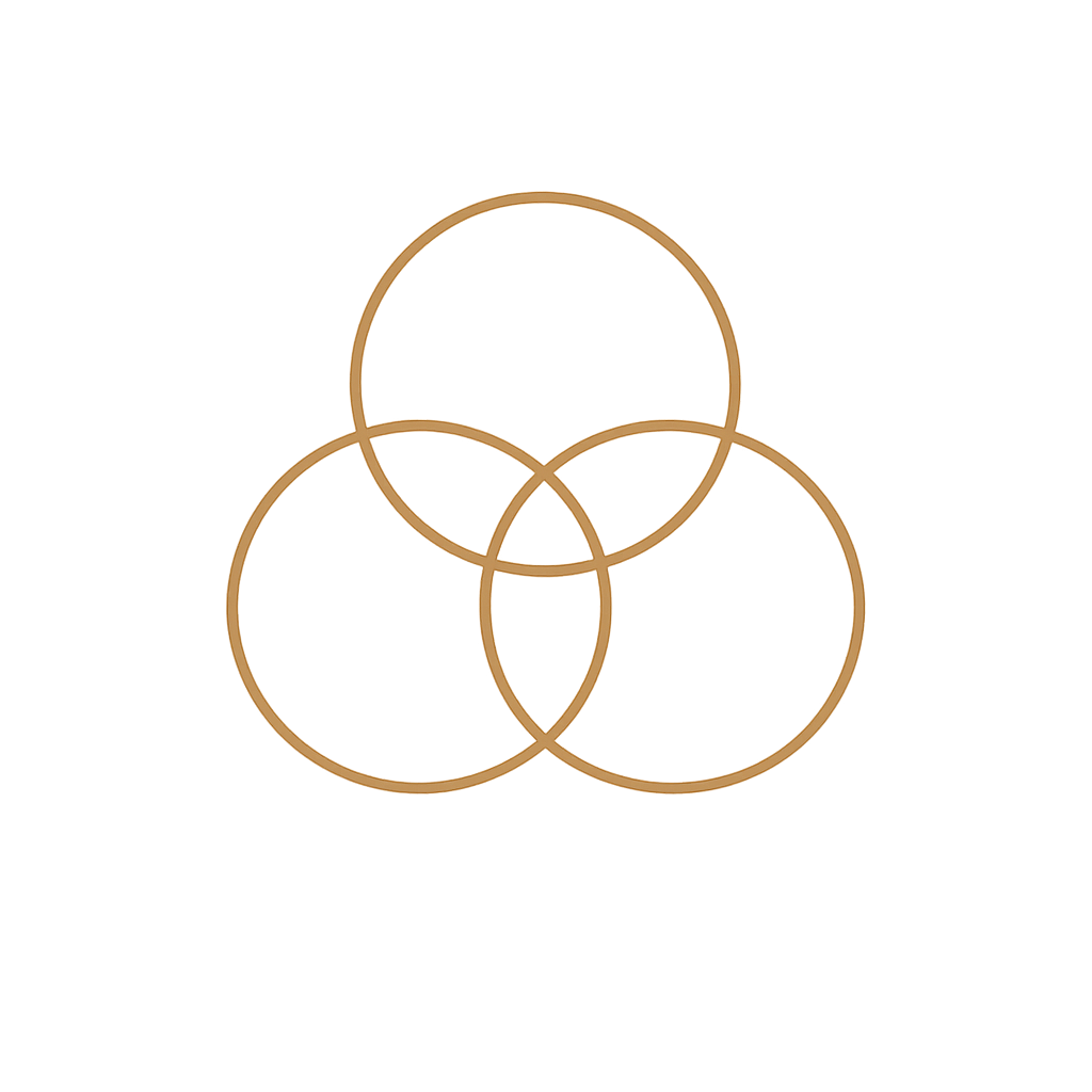 Three intersecting gold rings arranged in a Venn diagram on a black background with the text "Three Ring Circus" underneath.