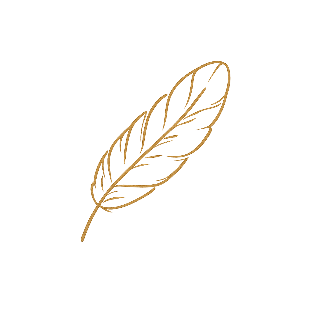 Golden outline of a feather on a black background.