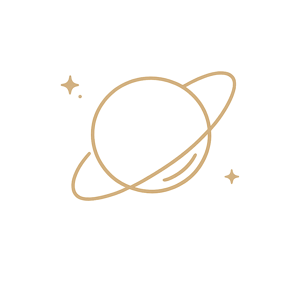 Minimalist line drawing of a planet with rings and two small stars, in gold color on a black background.