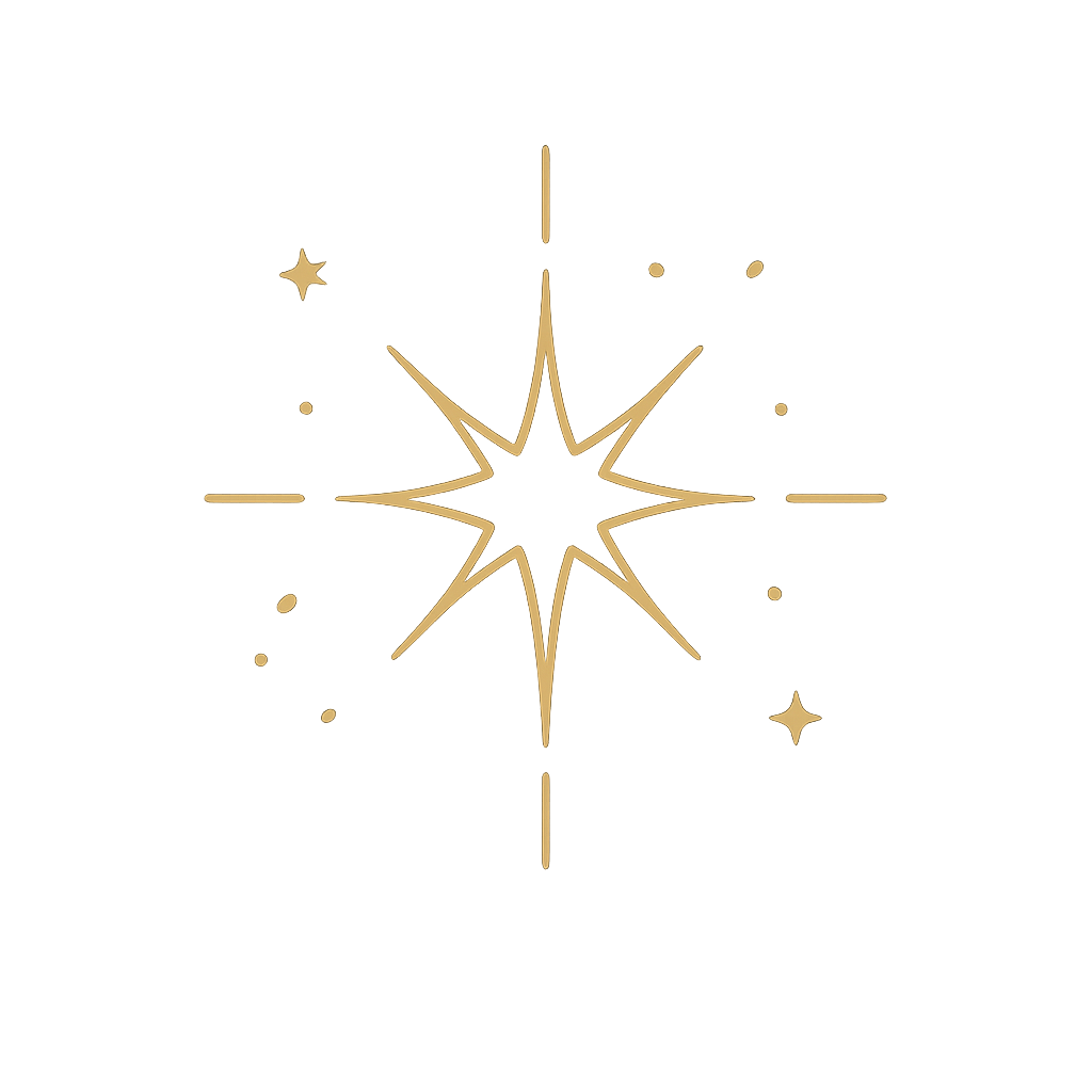 A decorative starburst design with smaller stars and dots, in gold color on a black background.