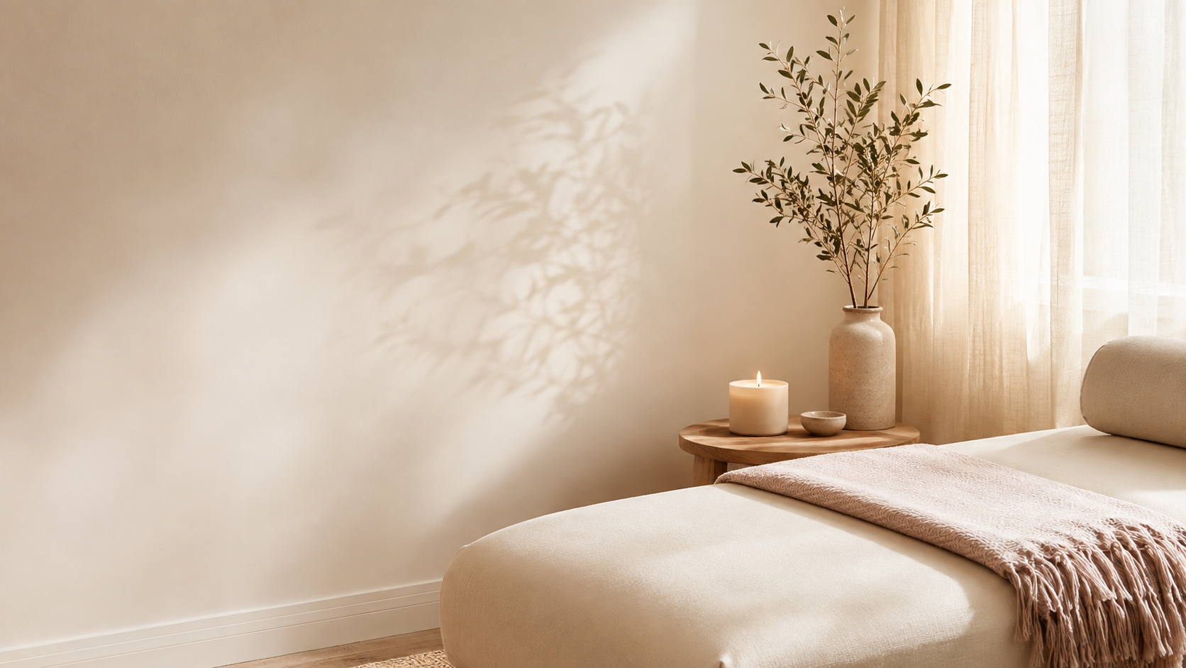 A bedroom corner with a beige cushioned bed, a pink throw blanket, a round wooden side table, a large vase with greenery, a lit candle, and a small bowl, with sheer curtains letting in natural light, creating a cozy and minimalist atmosphere.