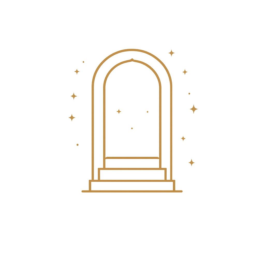 Gold outline of a mirror with sparkles and stars around it on a black background.
