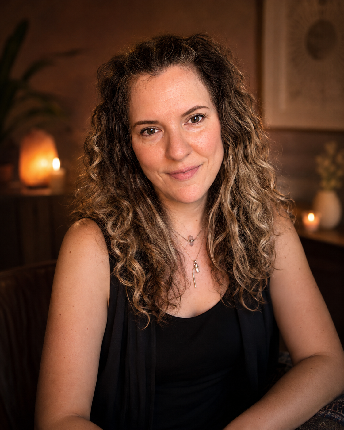A woman with long curly hair and light skin looking at the camera in a cozy, warmly lit room.