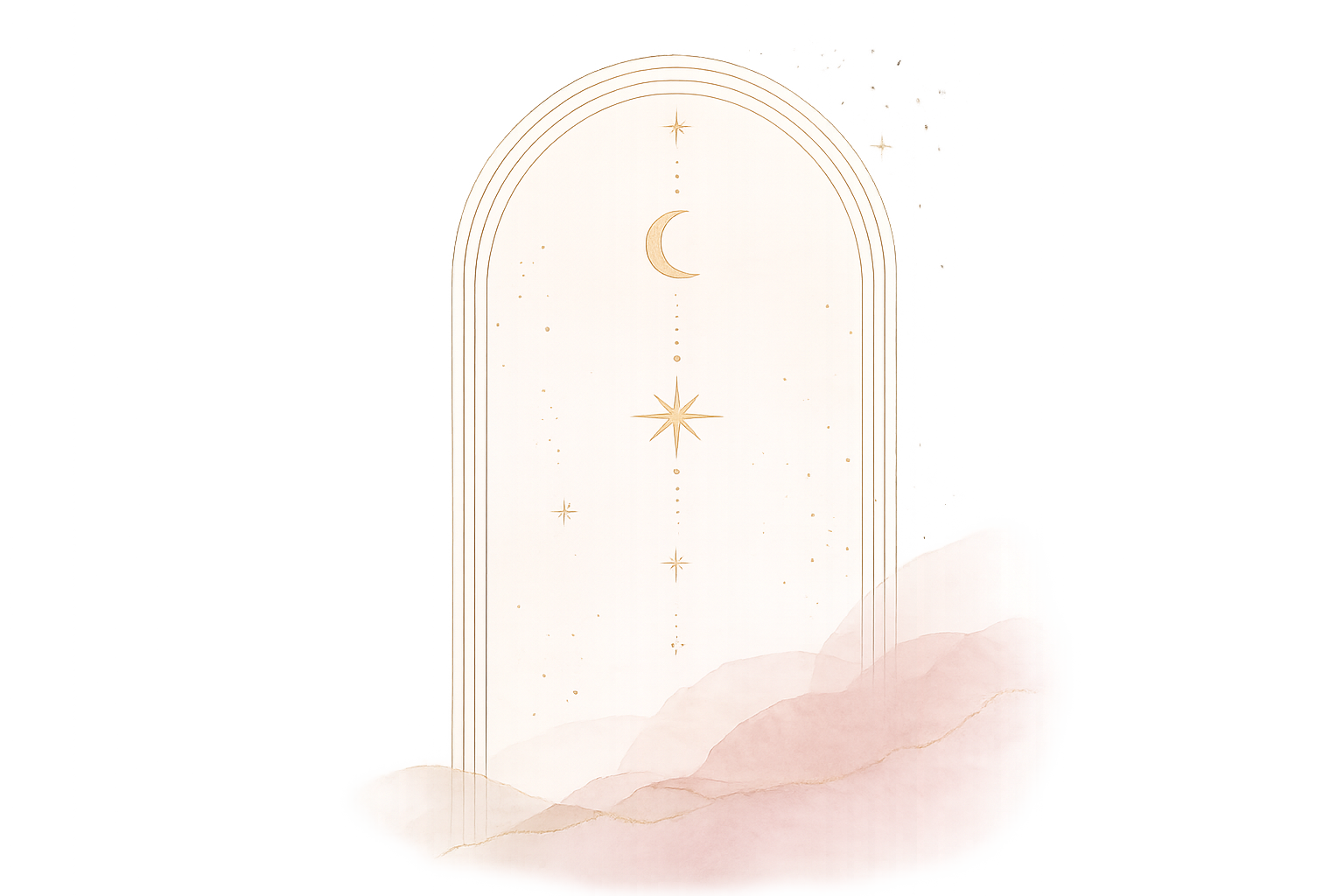 A celestial scene featuring a crescent moon, stars, and planets against a minimalist background with a mountain-like formation in soft pink and beige tones.