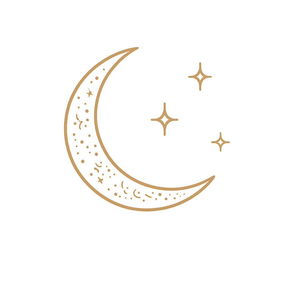 A black background with a gold crescent moon decorated with stars and dots, and three gold stars around it.