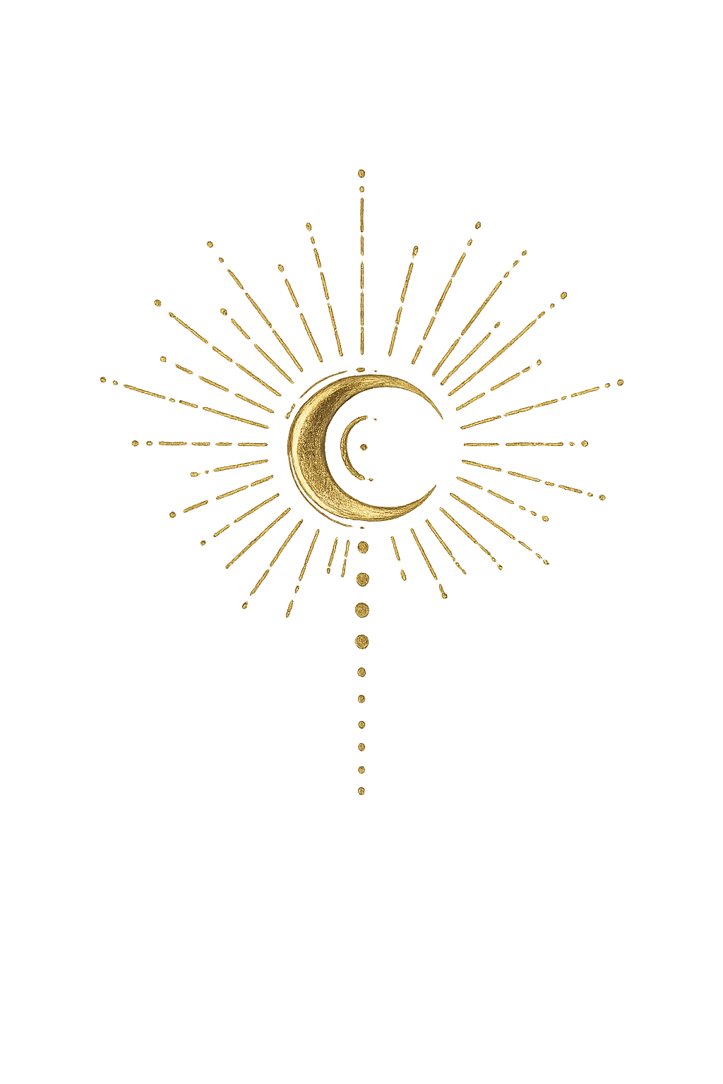 A black background with a gold crescent moon at the center, surrounded by radiating lines and small dots creating a celestial or mystical design.