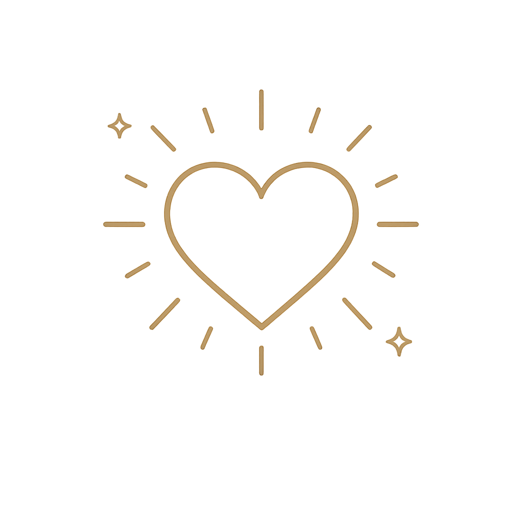 Neon sign of a heart with radiating lines and two small star shapes, glowing with warm yellow light against a dark background.
