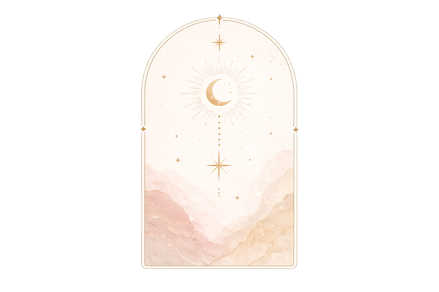 A decorative panel with a celestial design, featuring a crescent moon, stars, and sun rays, set against a pastel pink and beige mountain landscape background.