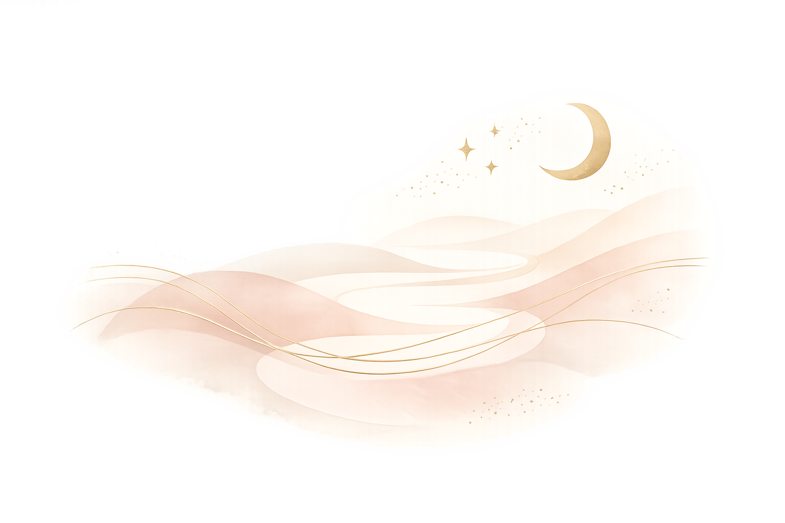 Abstract illustration of a night sky with a crescent moon, stars, and flowing pastel-colored waves