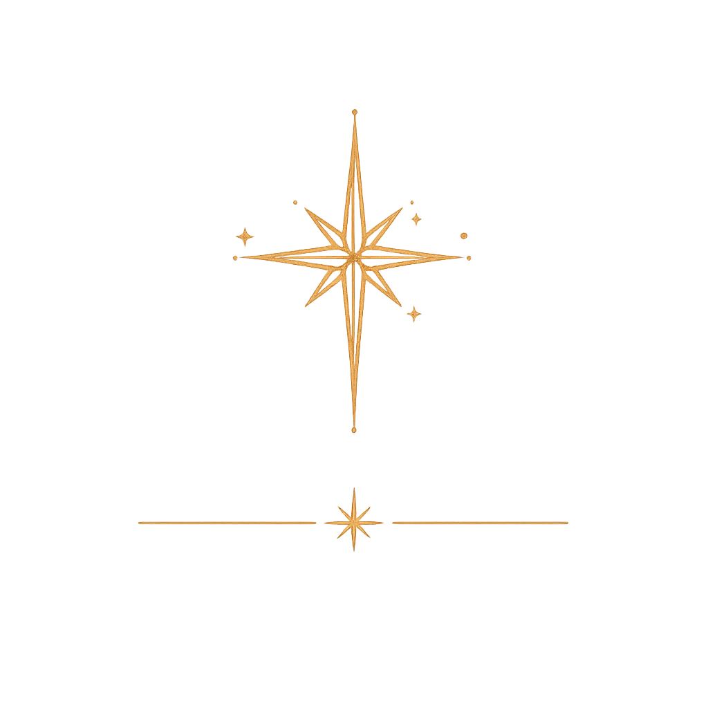 Decorative gold star and compass icon on a black background.