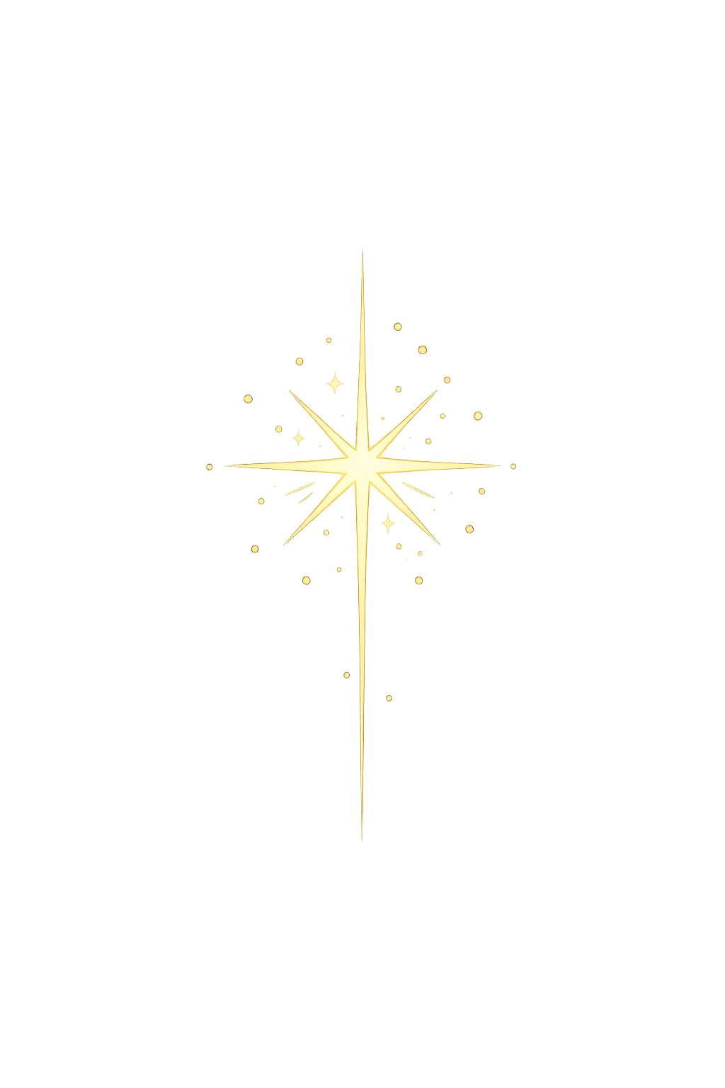 A glowing gold star with rays extending outward and a cross shape behind it, set against a dark background with colorful lights.