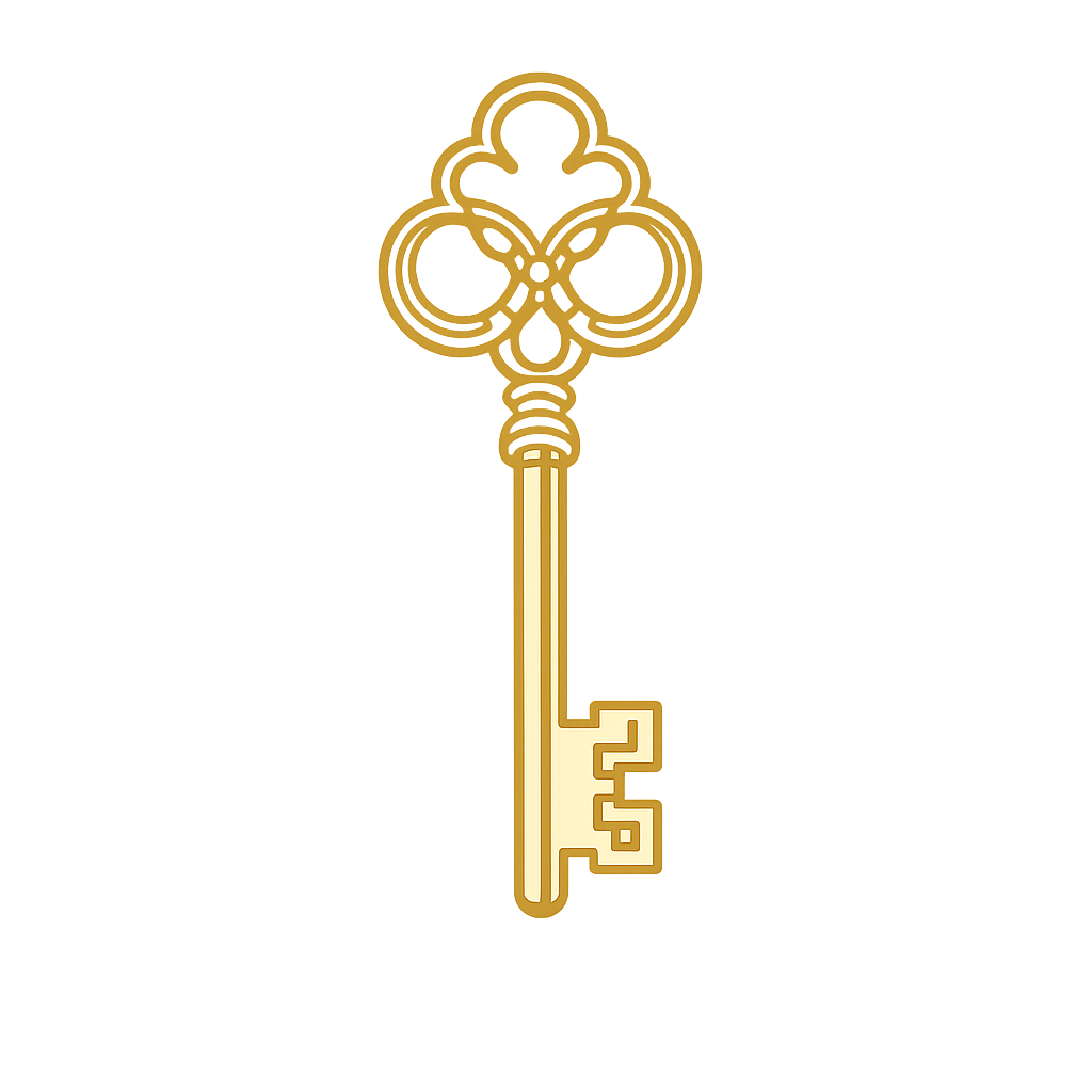 A vintage gold-colored key with an ornate bow featuring loops and a small central design, issued against a black background.