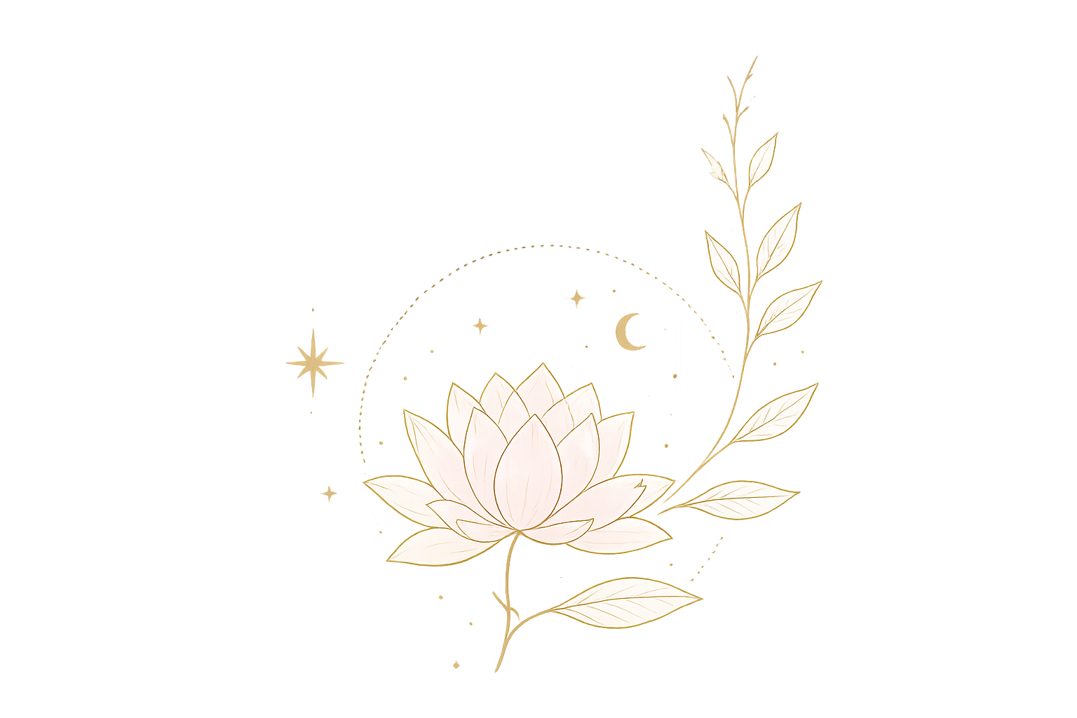 A digital illustration of a delicate, glowing lotus flower with pink petals and gold outline, accompanied by a leafy branch, set against a soft beige background.