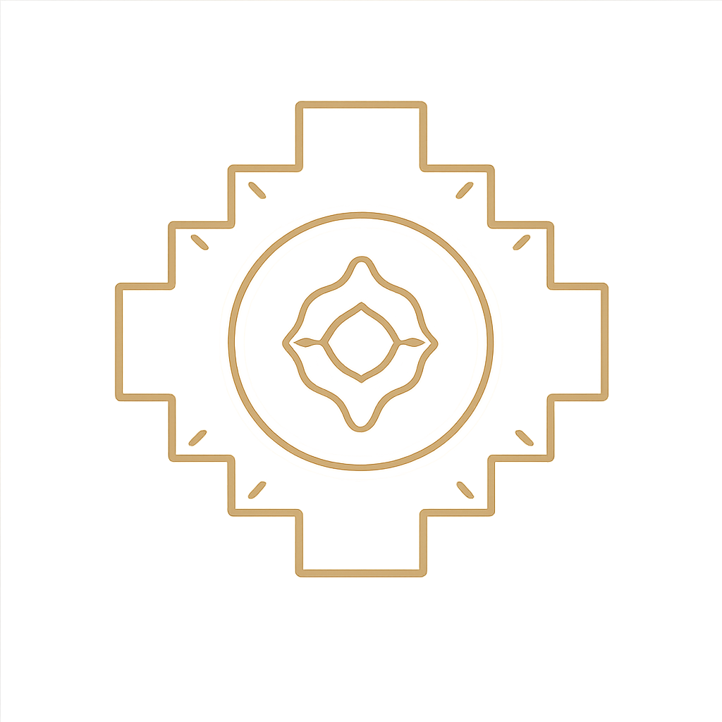 A metallic gold geometric design resembling a snowflake or compass with intricate patterns on a black background.
