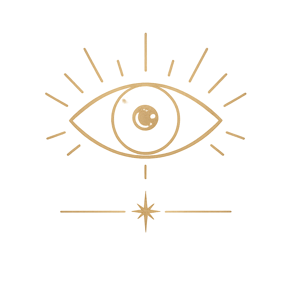Illuminated glowing sign of an eye with sun rays around, a star beneath, and a circle inside the eye.
