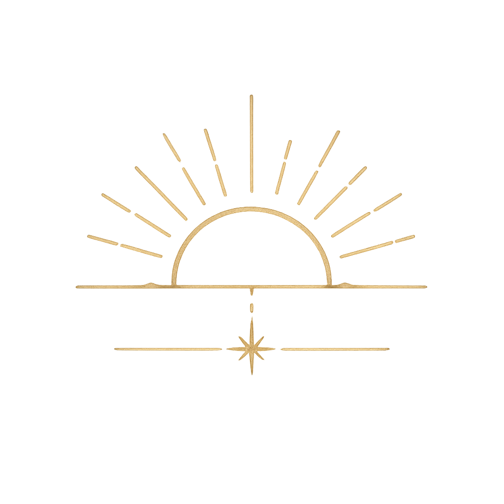 Stylized gold illustration of a sunrise or sunset with rays extending from a semi-circle, and a star below centered on a horizontal line.