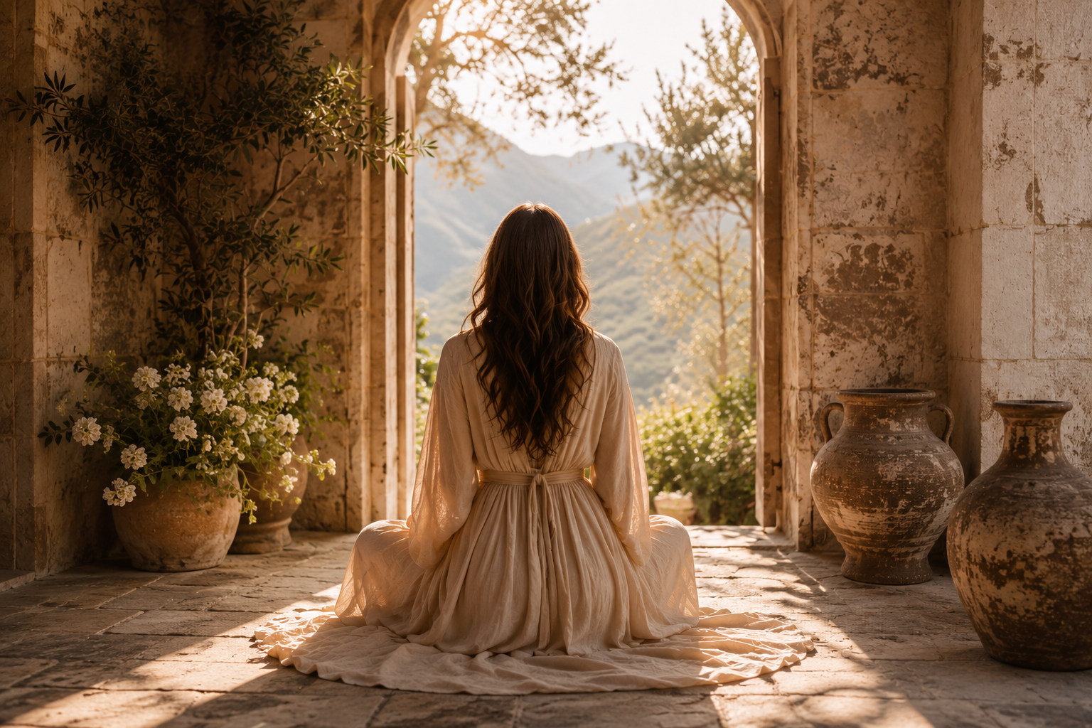 Woman sitting on the stone floor, facing a scenic mountain view through an open stone archway, surrounded by potted plants and pottery.
