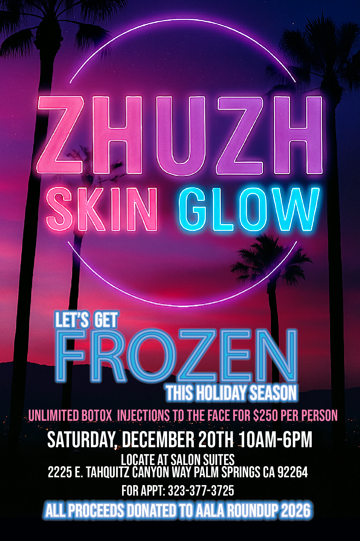 Neon sign advertising a Skincare event called 'Zhuzh Skin Glow' with a sunset and palm trees in the background.
