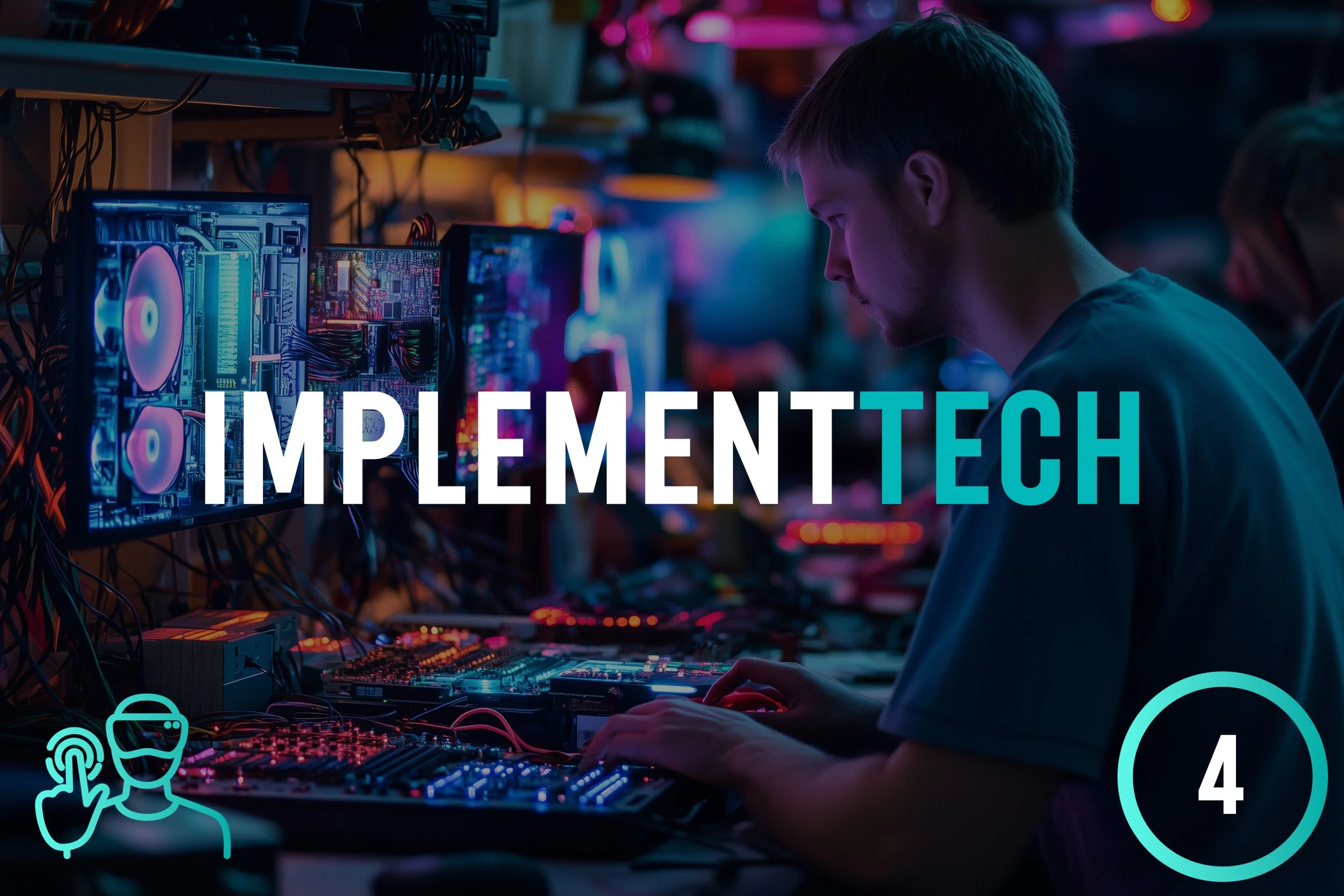 Young man working on computer hardware in a tech workshop with colorful lighting, with the text "IMPLEMENTTECH" overlaid.