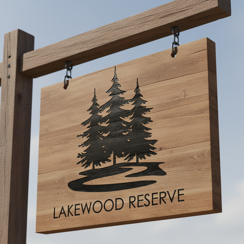 Wooden sign for Lakewood Reserve featuring silhouettes of pine trees and a winding path.