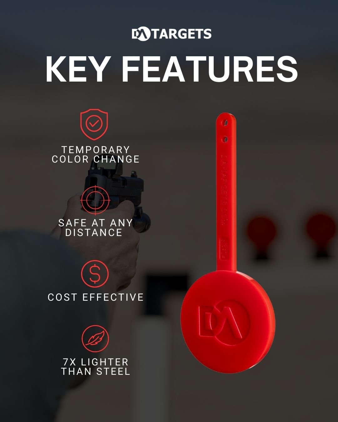 Target's key features waterproof red device with a long thin body and a round base, highlighted by icons and text indicating its features of temporary color change, safety at any distance, cost effectiveness, and being seven times lighter than steel.