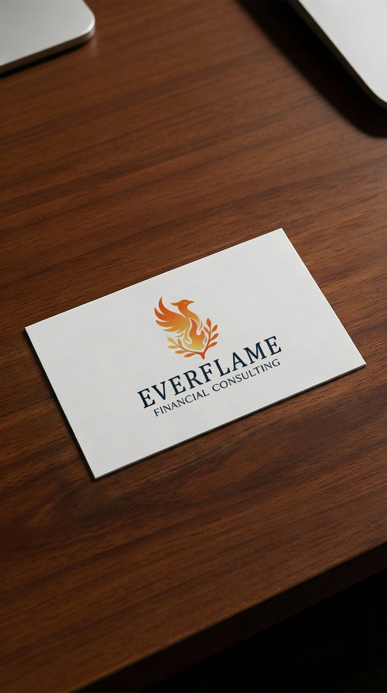 Business card for Everflame Financial Consulting on a wooden desk.