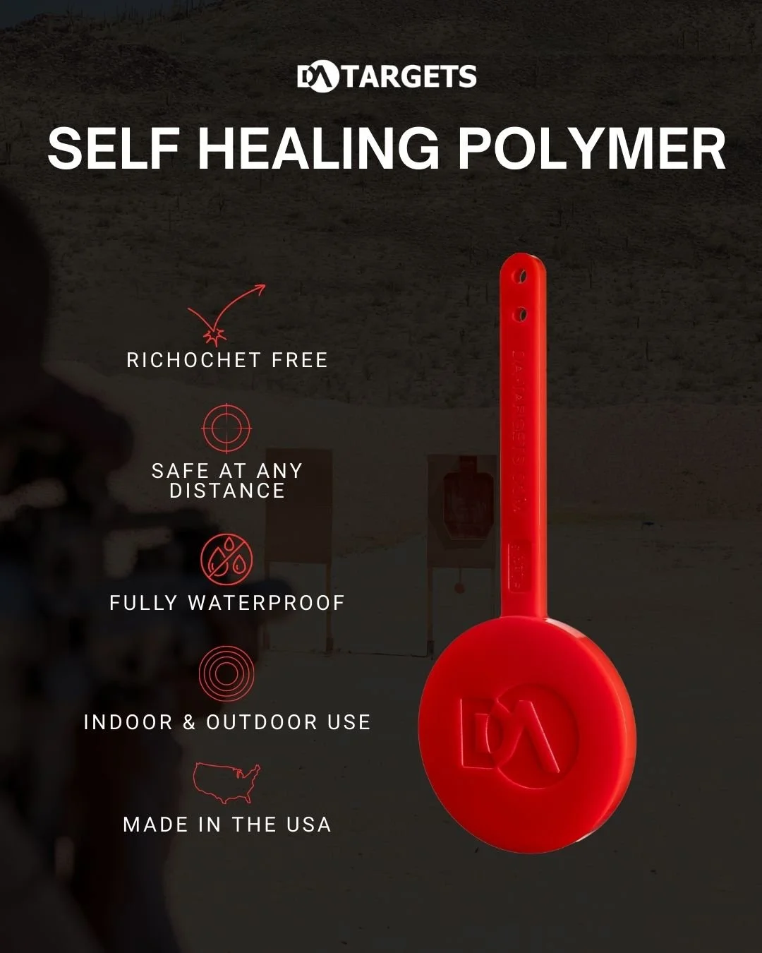 A red self-healing polymer product with text indicating it is ricochet free, safe at any distance, fully waterproof, suitable for indoor and outdoor use, and made in the USA. The background shows an outdoor shooting range.