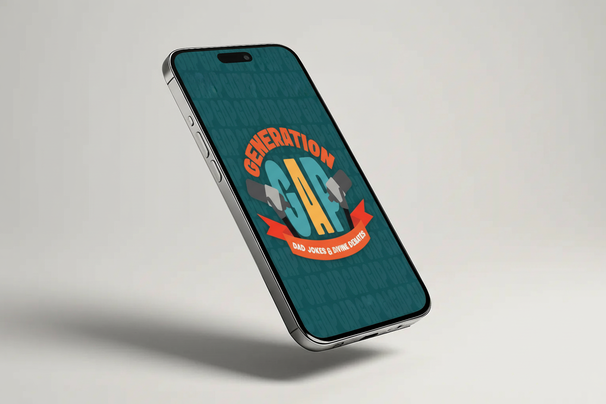 Smartphone with a logo on the screen that reads "Generation Dad Jokes & Divive Debates" in a colorful design.