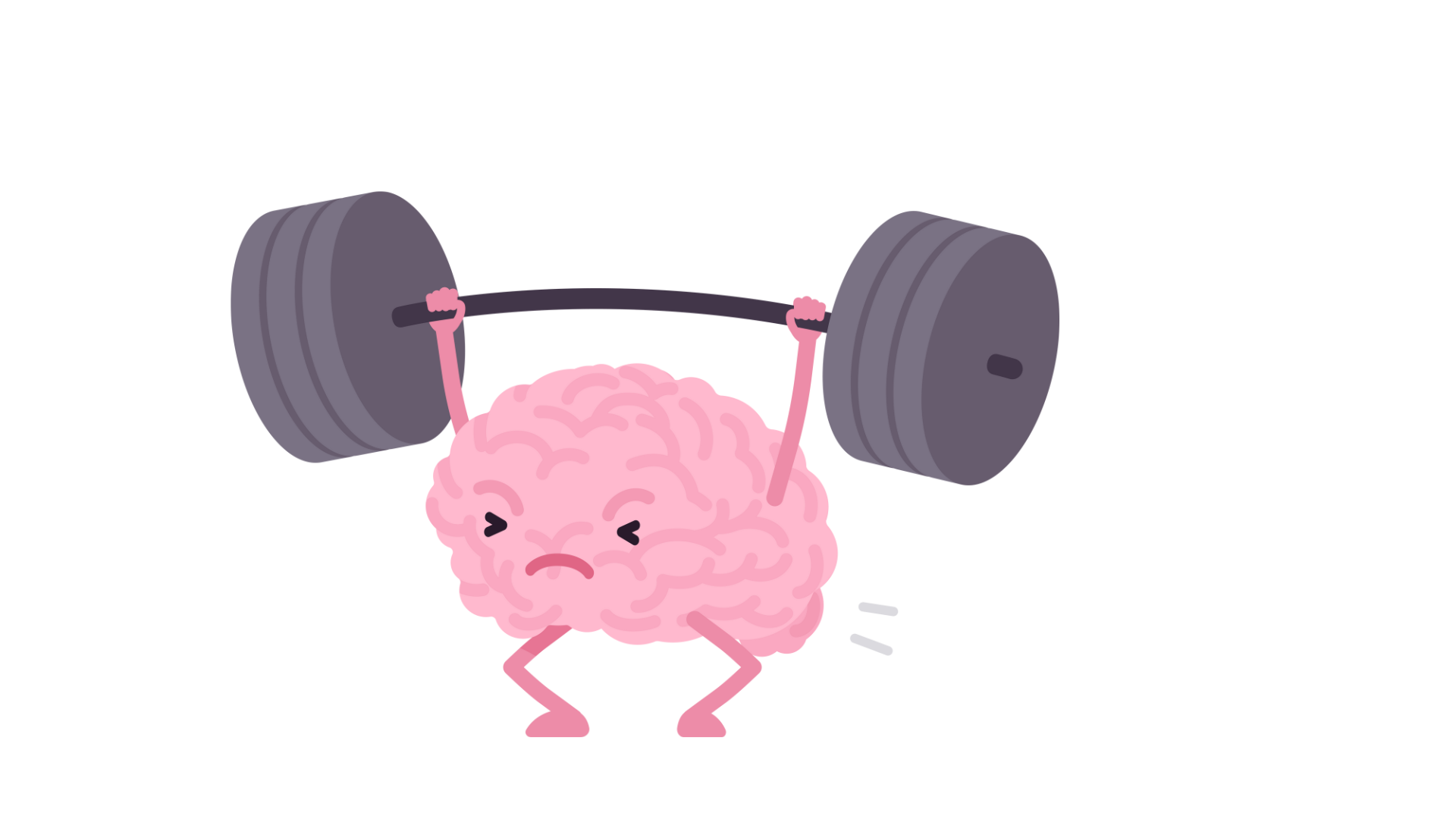 A cartoon brain lifting a heavy barbell with determined expression.