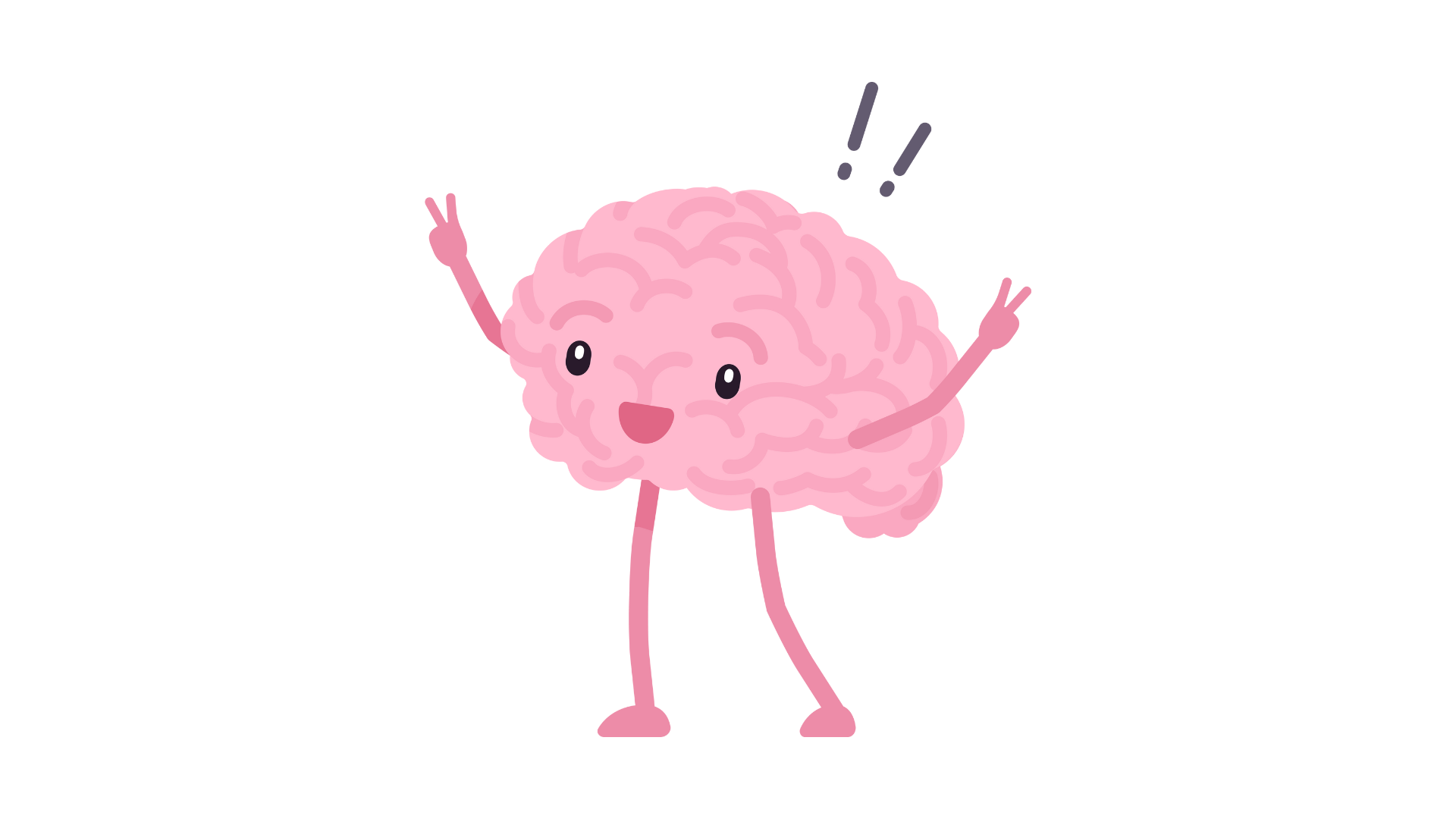 A cartoon illustration of a pink brain with arms and legs, smiling and making peace signs with both hands, with a cheerful expression and exclamation marks above its head.