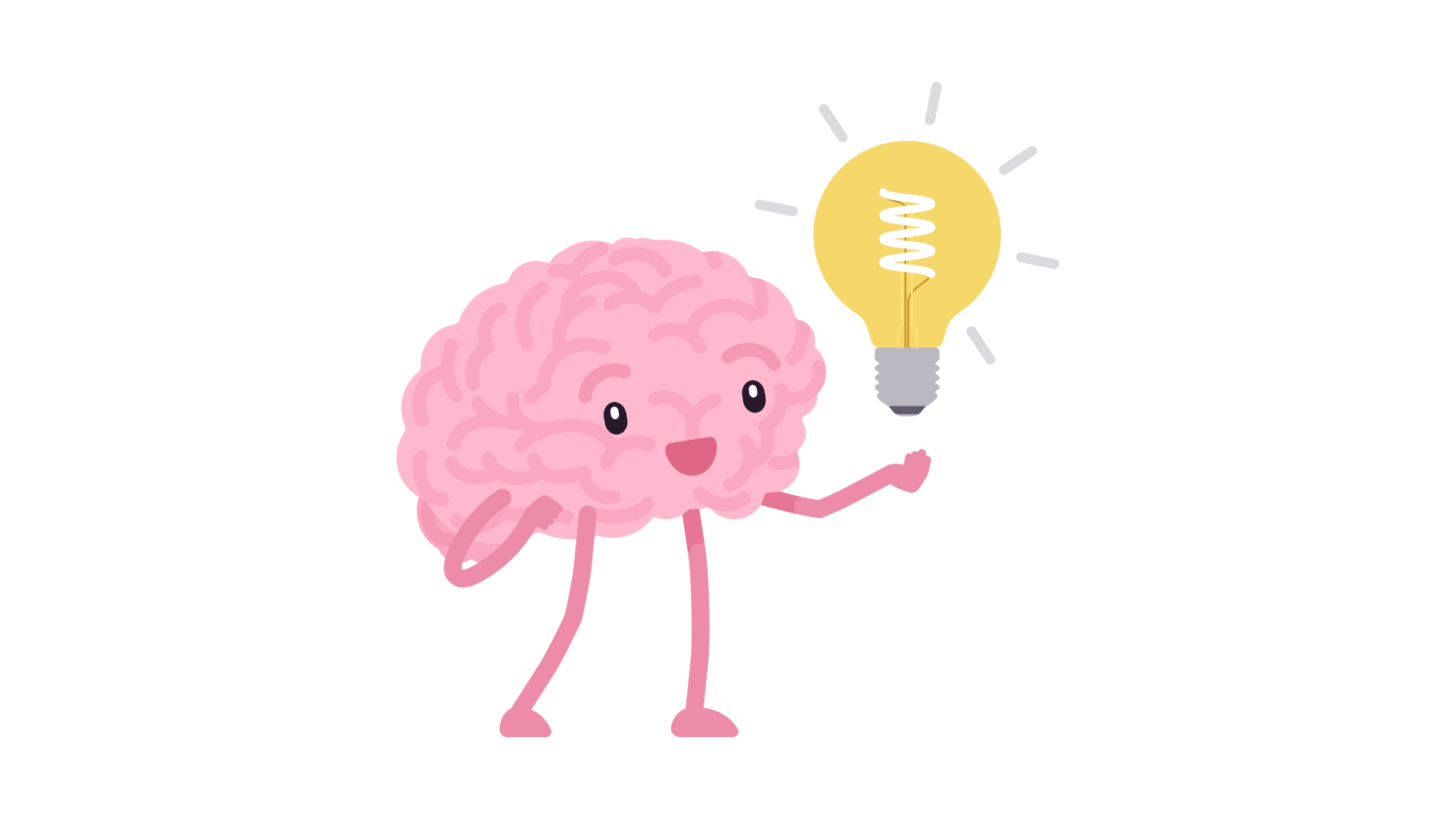 Cartoon pink brain with eyes and a smiling face, holding a light bulb.