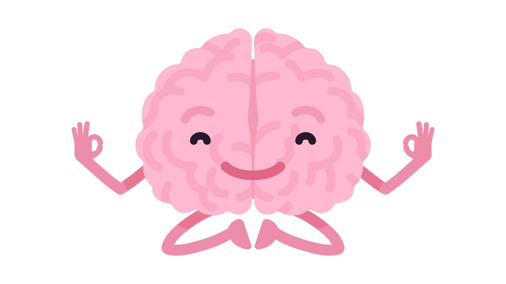 Cartoon brain with a smiling face, arms, and legs making an OK gesture, sitting in a meditation pose.
