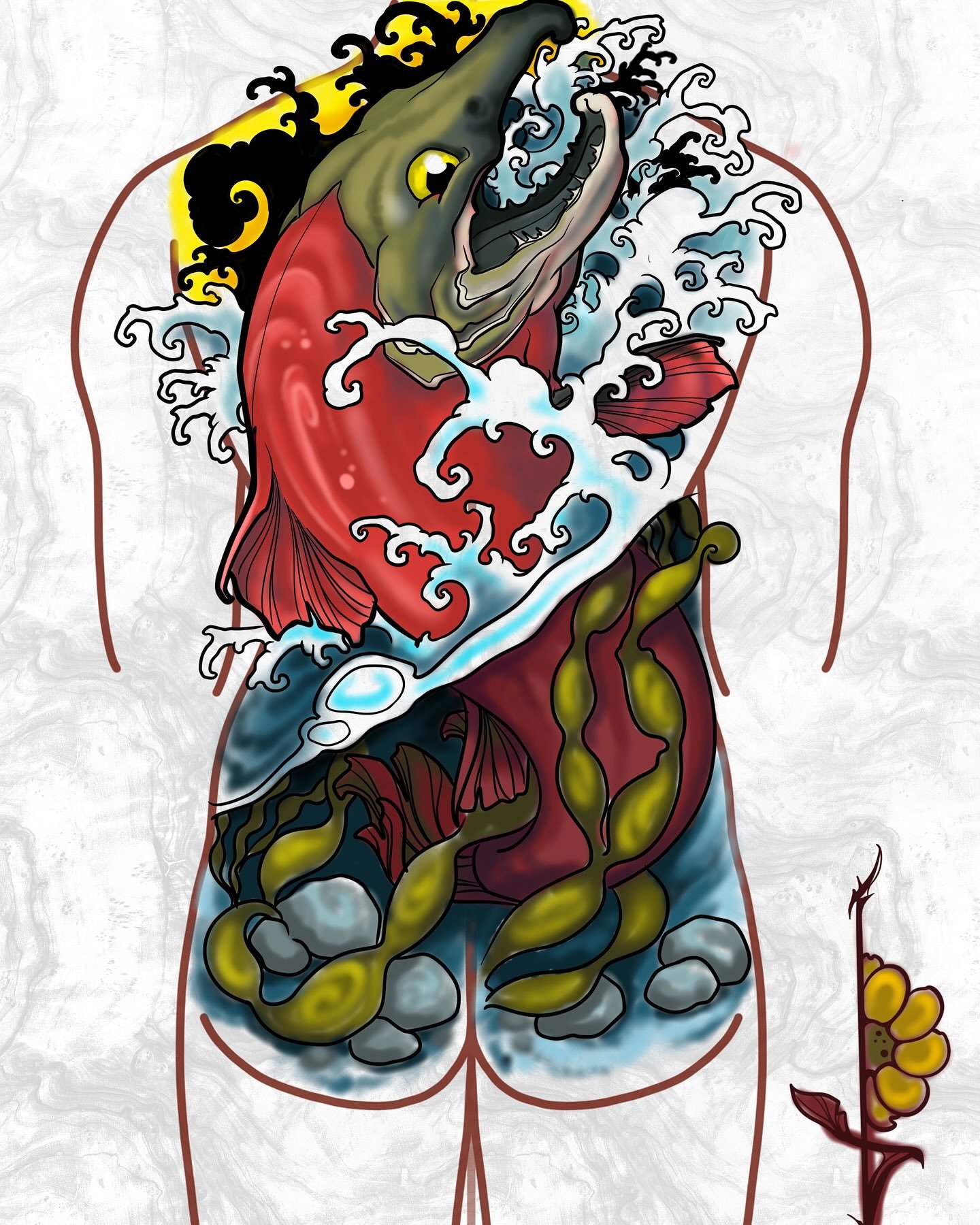 Real sockeyedelic vibe. This back piece is available and ready to rip.

 I offer fixed day rates on everything with priority given to predrawn designs. Reach out if you&rsquo;d like to get started or have any questions💚
#salmon #sockeye #fishing #fi