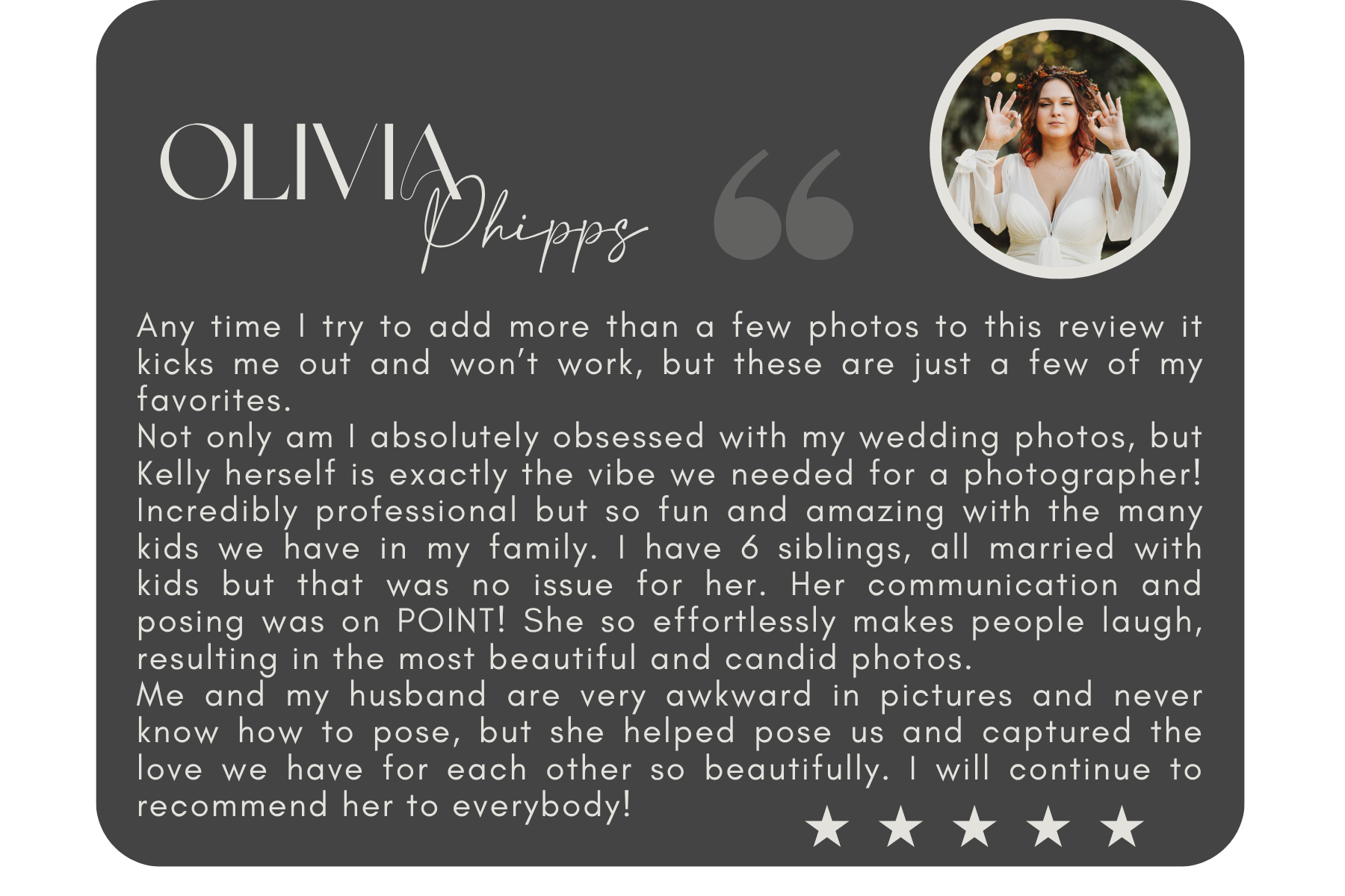 A testimonial card with a photo of a woman with red hair wearing a white dress. The card features a review praising Kelly's wedding photography skills, mentioning her professionalism and ability to capture beautiful moments, and expressing high recommendation.