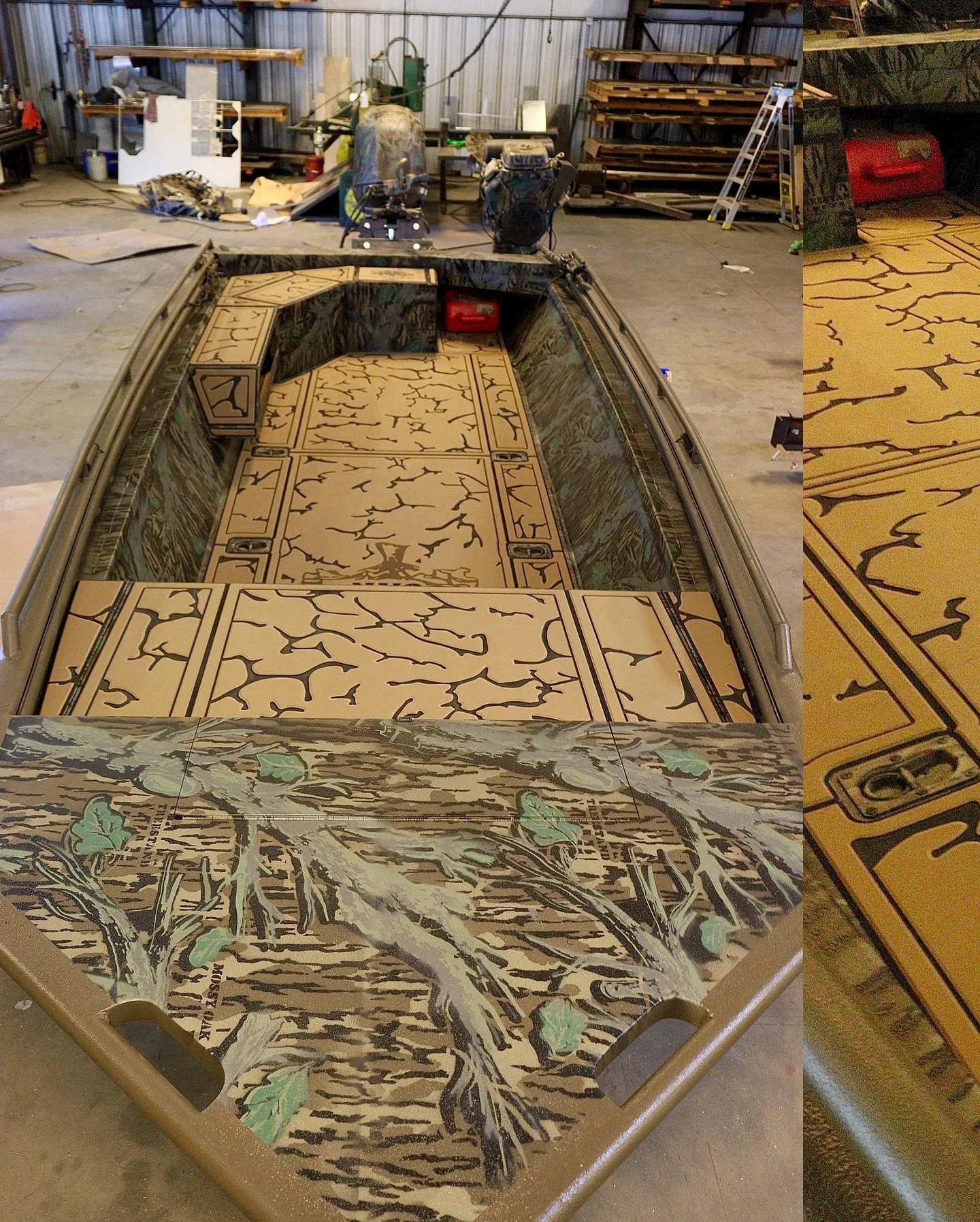 An absolute doozy finished up last week! @featheredfab was responsible for the near full rebuild of this massive custom boat. We stripped the only, flaky paint off, slapped some textured liner, @mossyoak treestand, and clear coat on both motors along