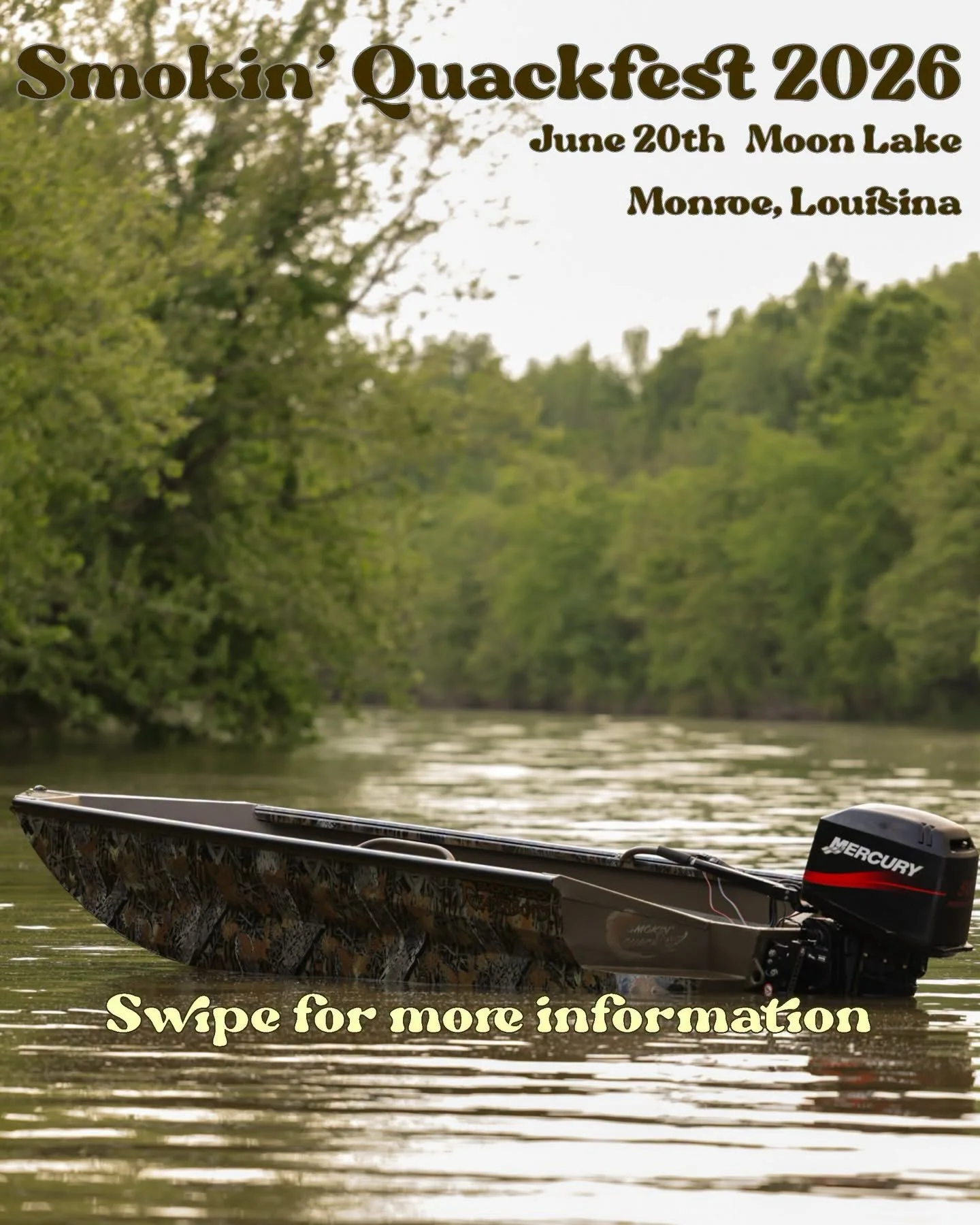 The third annual Smokin&rsquo; Quackfest will be held on June 20th on Moon Lake, Monroe, Louisiana. There will be good friends, food &amp; drink, live music, Smokin&rsquo; Quack merchandise, and a few giveaways. 
🦆
🦆
🦆
#smokinquack #sandbar #boat 