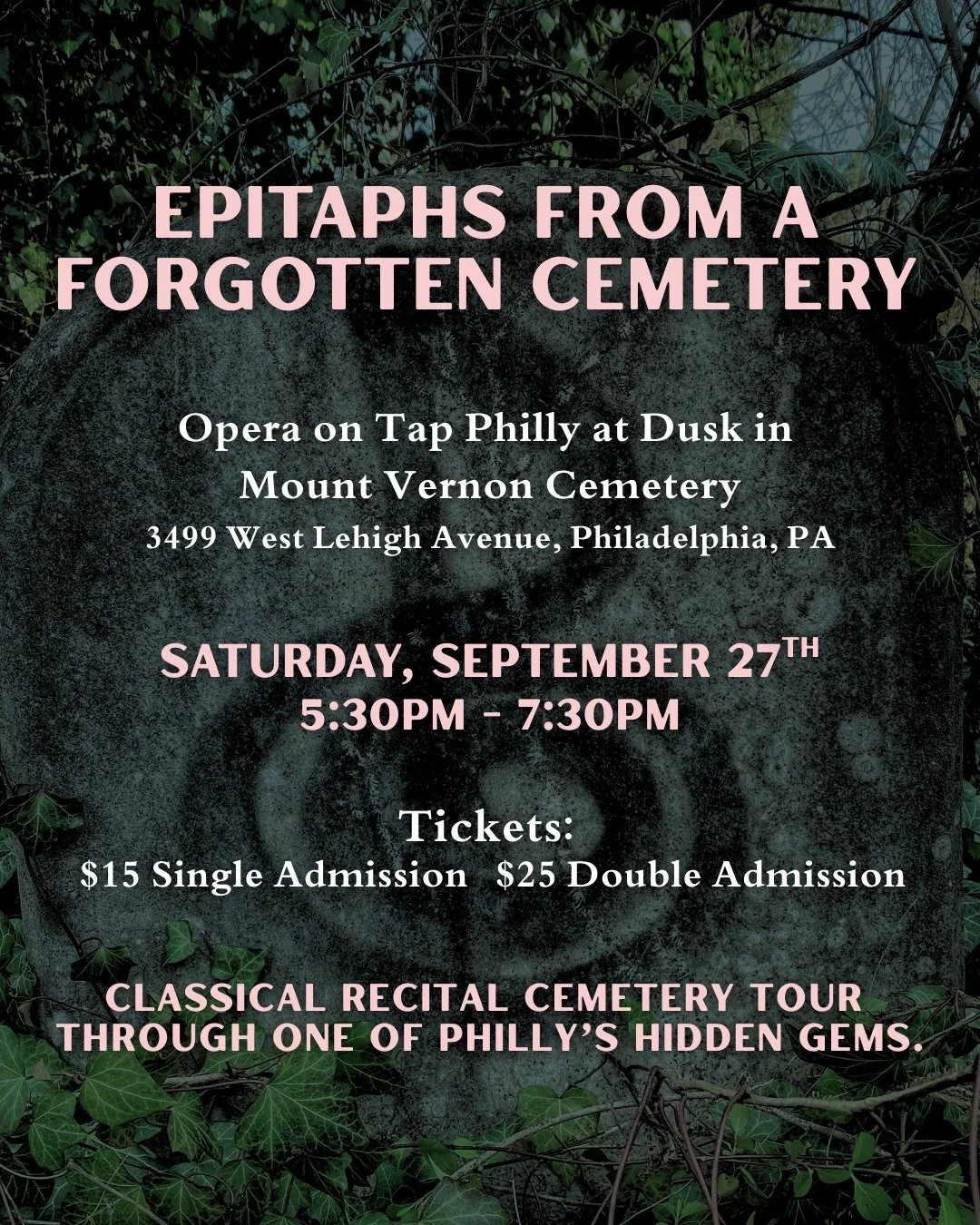 A crisp fall evening in the cemetery - as the sun sets - with classical singing - what more could you want?! Tickets at 🔗 in our bio!! 

Join Opera on Tap Philadelphia at Mount Vernon Cemetery, a forgotten Philly gem, as we usher in spooky season! E