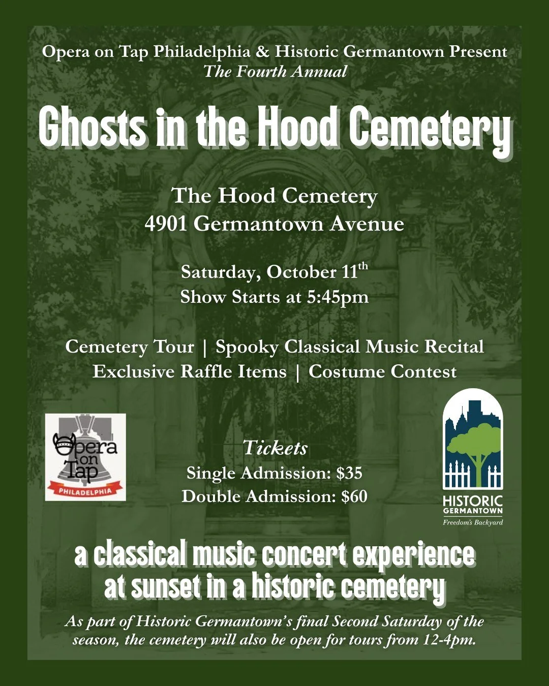 Year 4! We are excited to be back again this year at Historic Germantown&rsquo;s Hood Cemetery! 

This year we&rsquo;re back on Saturday, October 11th, coinciding with Historic Germantown&rsquo;s last Second Saturday of the year! Enjoy special events
