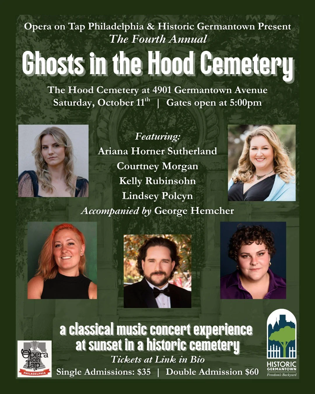 Featuring our performers for the Fourth Annual Ghosts in the Hood Cemetery Concert: Ariana Horner Sutherland, Courtney Morgan, Kelly Rubinsohn, and Lindsey Polcyn, accompanied by George Hemcher!

This year we&rsquo;re back on Saturday, October 11th, 
