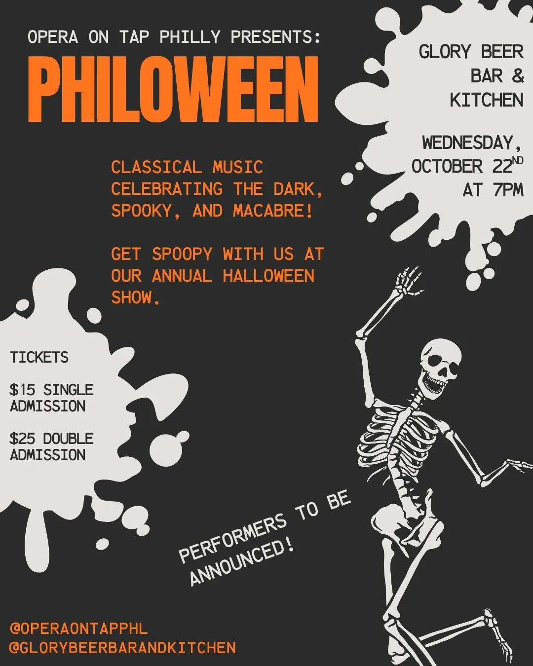 HELLO OCTOBER!!! 🎃🍂🪦💀

Our annual Halloween show Philoween is back! Join us this year at Glory Beer Bar &amp; Kitchen on Wednesday, October 22nd at 7pm. 🍻

Opera, classical, and musical theater favorites performed by your favorite Philly singers
