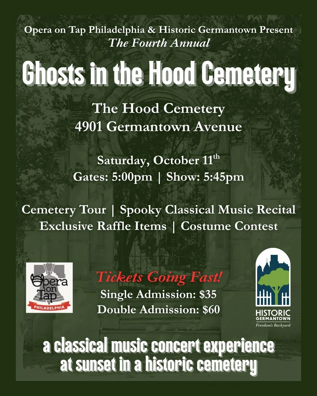 Plans for this weekend? Why not plan to spooky with us in the cemetery! For the fourth year in a row, we'll be at the Hood Cemetery this Saturday! Historian-led cemetery tour from our friends at Historic Germantown, classical music concert with live 