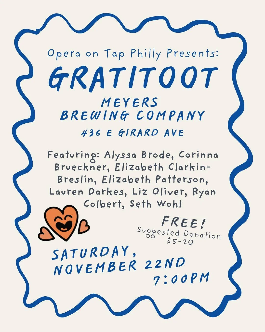 We&rsquo;re excited to feature our GratitOOT performers! We&rsquo;re welcoming many new singers to the Opera on Tap Philly stage for the first time: Alyssa Brode, Corinna Brueckner, Elizabeth Patterson, and Lauren Darkes! Returning singers: Elizabeth