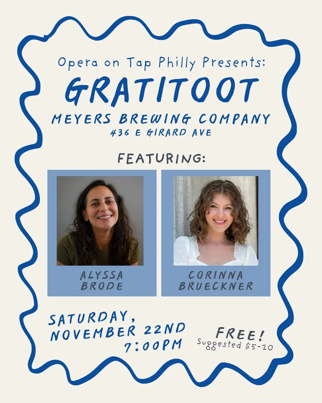 Featuring our first two performers for GratitOOT: Alyssa Brode and Corinna Brueckner! We&rsquo;re welcoming Alyssa and Corinna to the OOTPHL stage for the first time ✨

Join us at Meyers Brewing Company on Saturday, November 22nd at 7:00pm for a cele