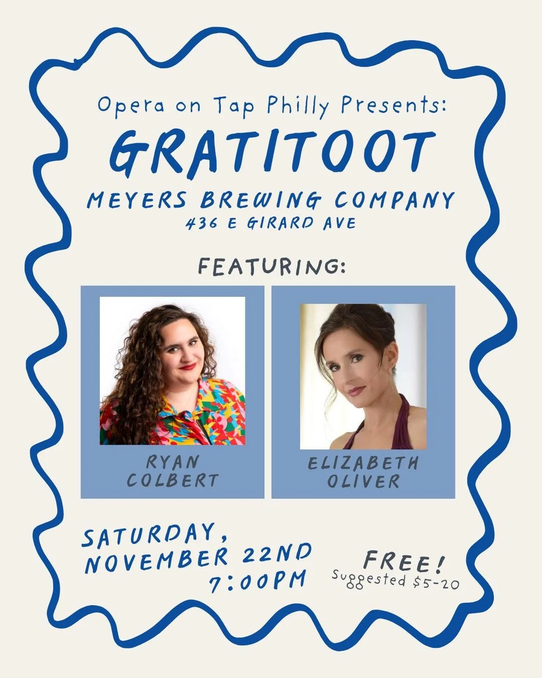 Featuring our next two performers for GratitOOT: Ryan Colbert and Elizabeth Oliver! Come find out what brings these sopranos joy! ✨

Join us at Meyers Brewing Company on Saturday, November 22nd at 7:00pm for a celebration of music we&rsquo;re so grat
