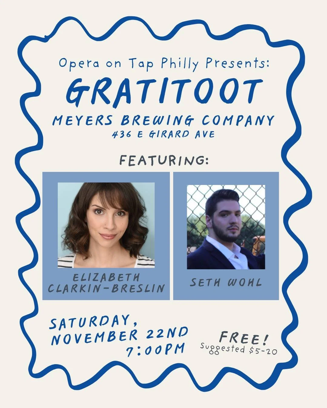 SHOW ANNOUNCEMENT!

Featuring our last two performers for GratitOOT: Elizabeth Clarkin-Breslin and Seth Wohl! Come find out what brings these singers joy! ✨

Join us at Meyers Brewing Company on Saturday, November 22nd at 7:00pm for a celebration of 