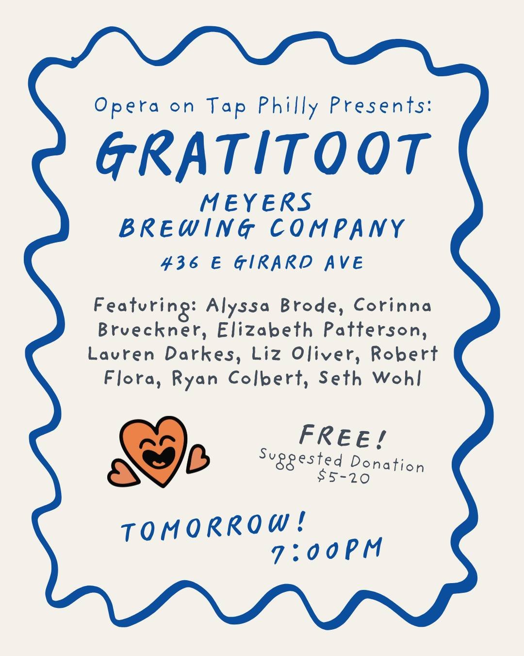 Tomorrow!! 

Join OOTPHL at Meyers Brewing Company TOMORROW at 7:00pm for a celebration of music we&rsquo;re so grateful for! Opera, musical theater, and everything in between. 

#philly #philadelphia #local #supportlocal #instaopera #operasingersofi