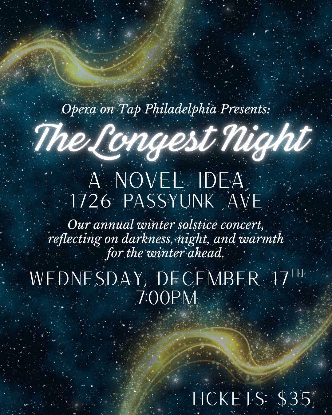 SHOW ANNOUNCEMENT! 

Our annual winter solstice show The Longest Night is back! We will be at a NEW VENUE - A Novel Idea in South Philly! We&rsquo;ll be celebrating early on Wednesday, December 17th at 7:00pm. 

In the midst of December&rsquo;s holid